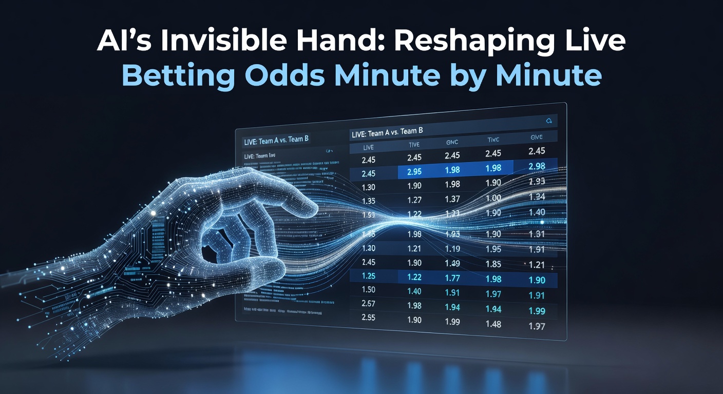 Digital visualization of AI algorithms dynamically adjusting live betting odds on a sports event dashboard, with graphs fluctuating in real-time