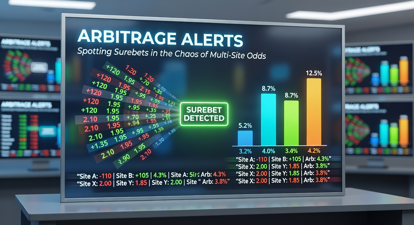 Dashboard of arbitrage scanning software highlighting a live surebet opportunity across three bookmakers