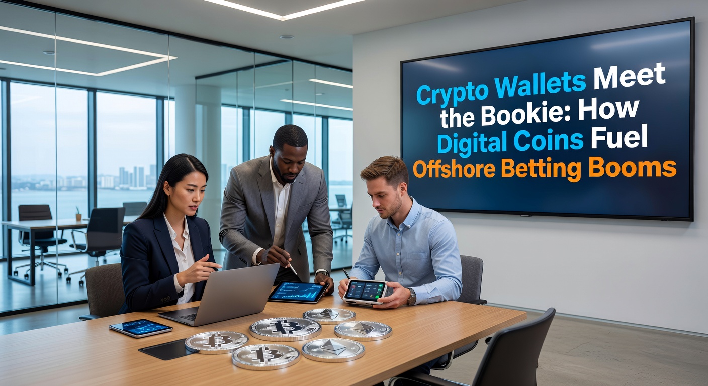 Digital wallet displaying cryptocurrency balances alongside a betting odds screen, illustrating the fusion of crypto and offshore gambling platforms