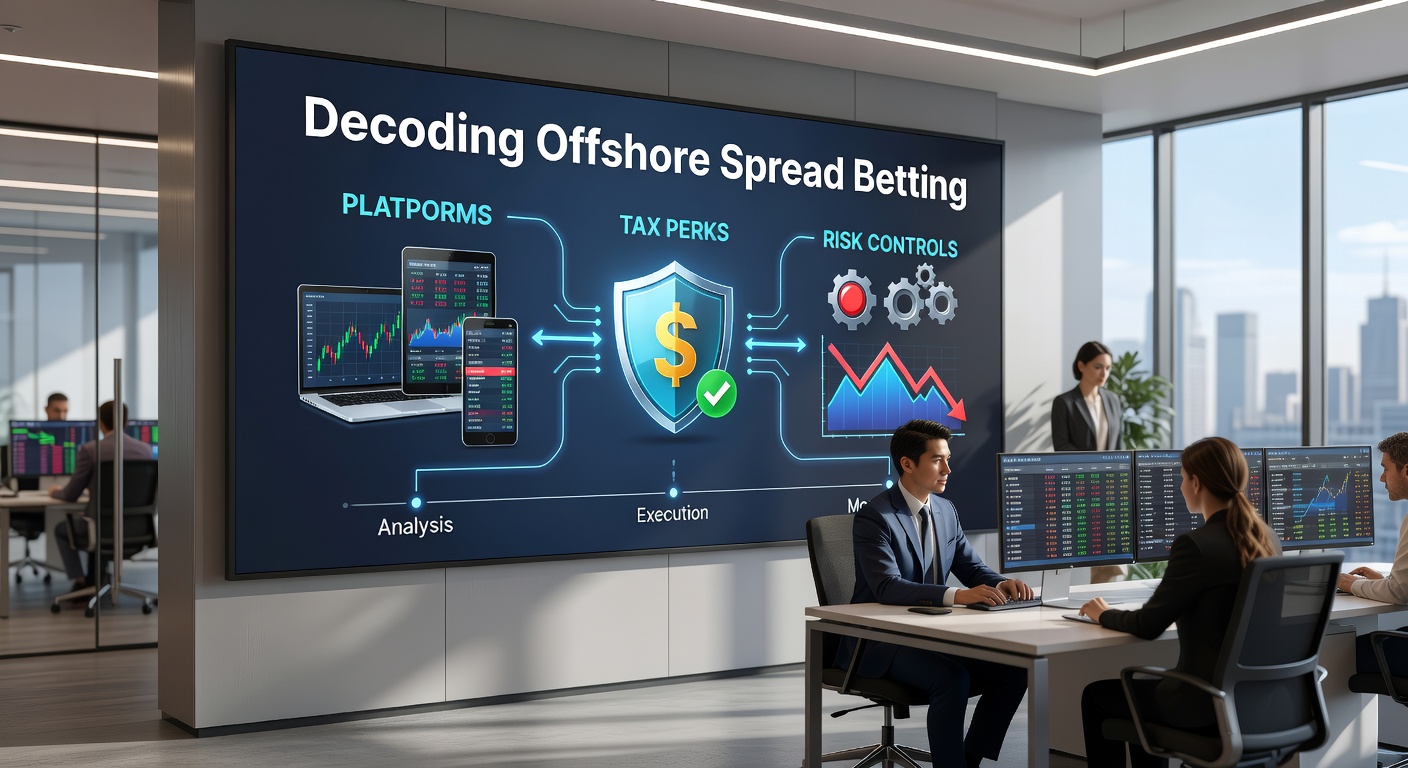 Digital dashboard displaying offshore spread betting interface with charts and global maps highlighting platform locations