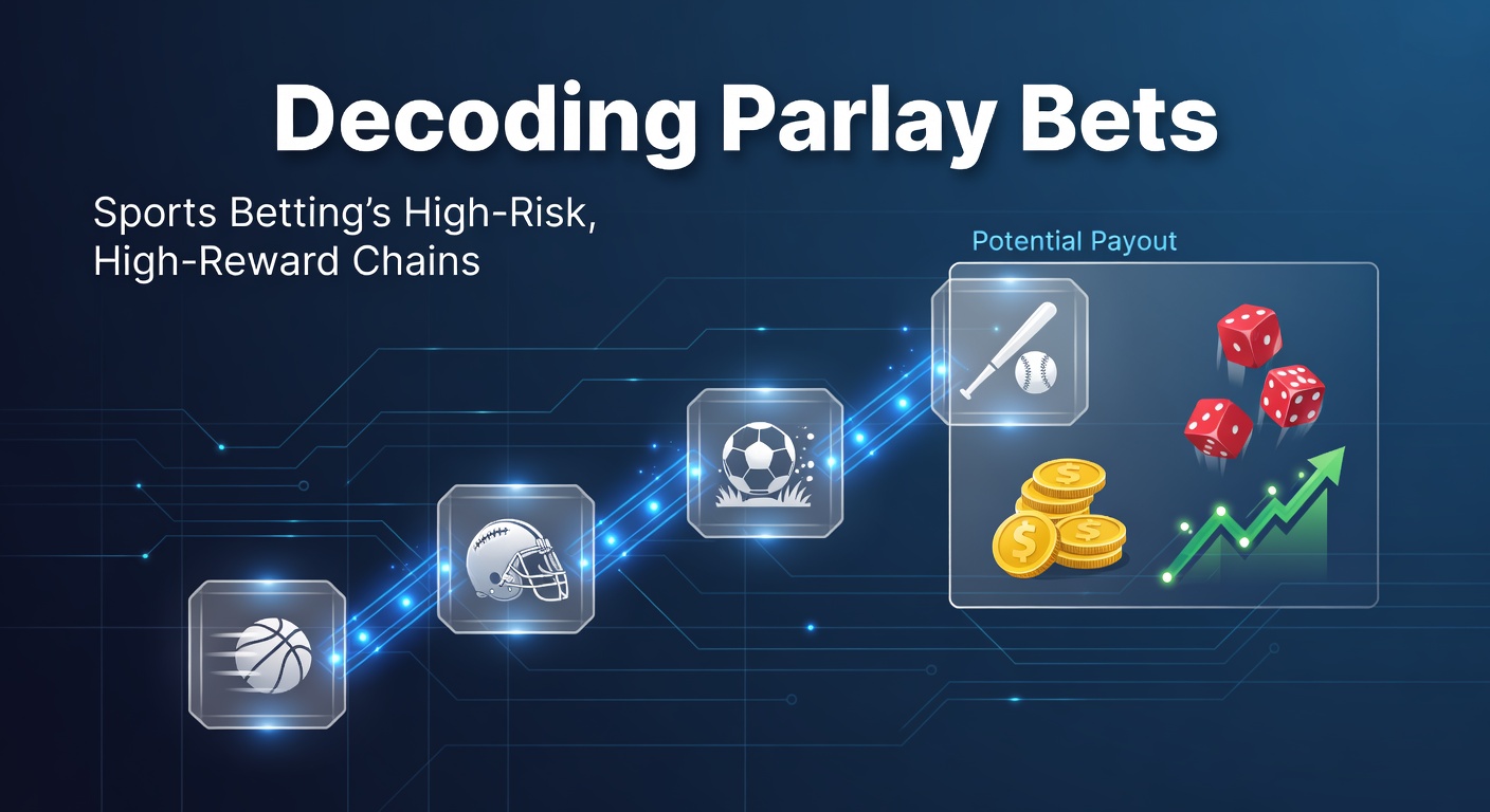 Graphic illustrating a chain of interconnected sports betting slips forming a parlay bet, with odds multiplying along the path