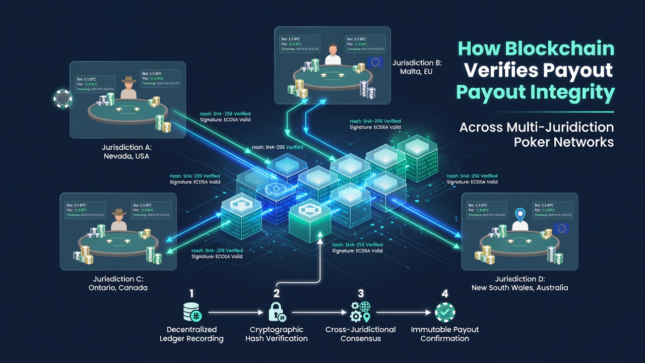 Multi-jurisdictional poker network diagram illustrating blockchain nodes and regulatory checkpoints