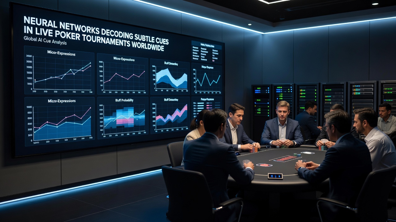Live poker table scene with overlaid neural network analysis of player gestures and betting patterns