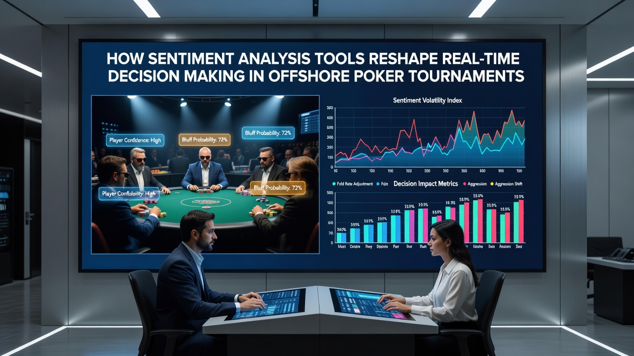 Analytics dashboard displaying sentiment scores and timing metrics during an offshore poker tournament
