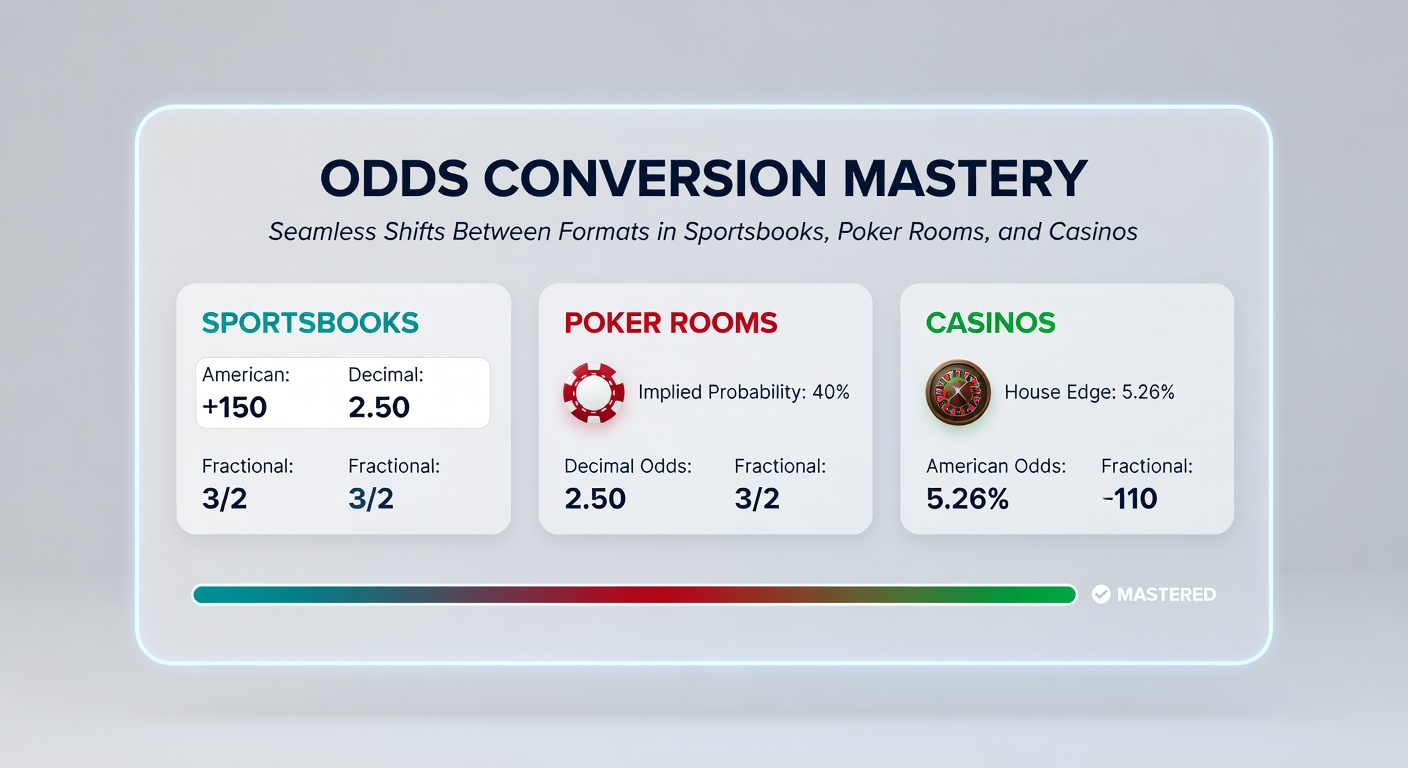 Infographic showing implied probability calculations linking all odds formats with real-world betting examples from sports and poker
