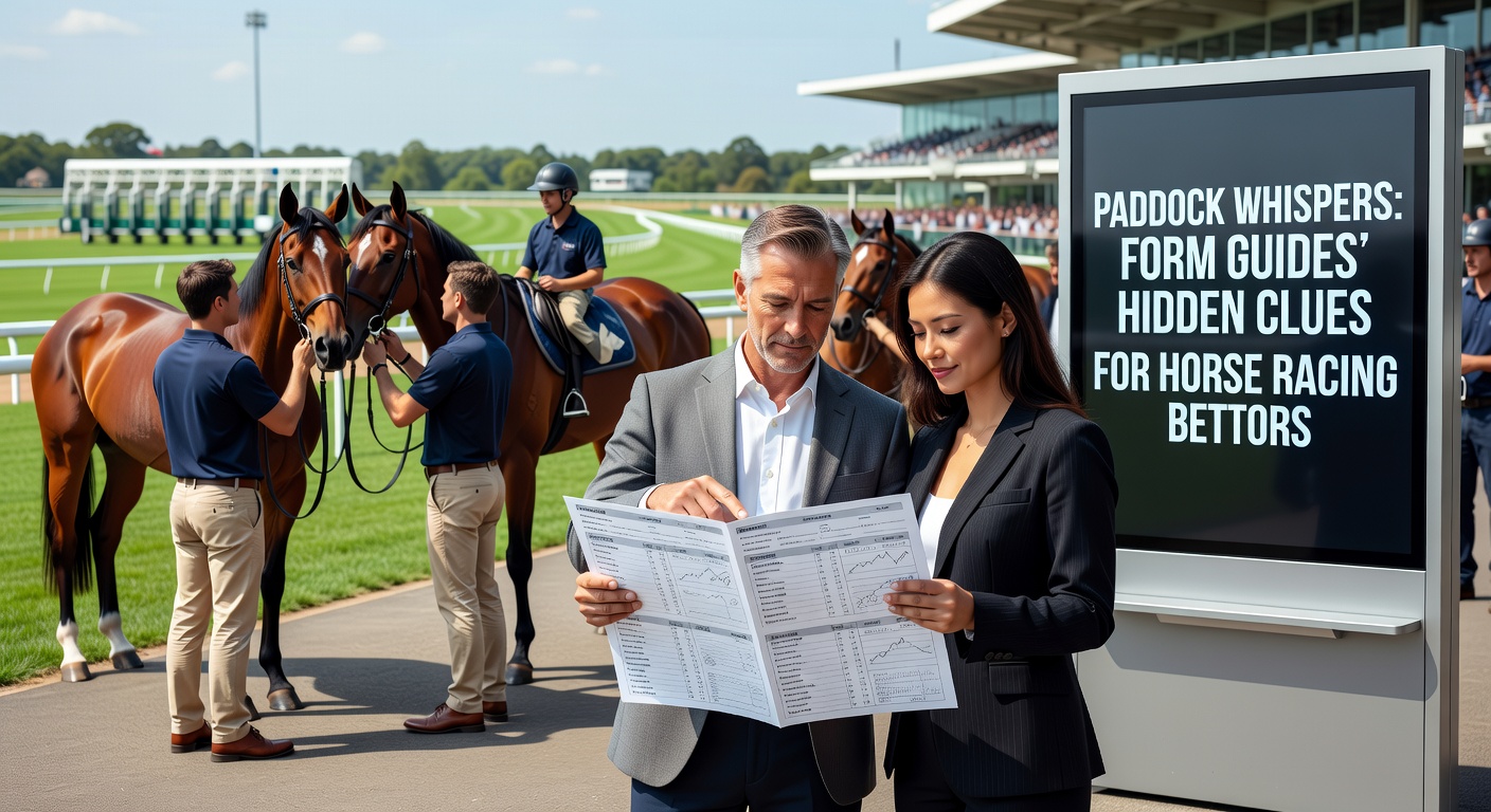 Jockey reviewing a form guide in the paddock while observing horses, capturing the essence of spotting hidden clues before the race