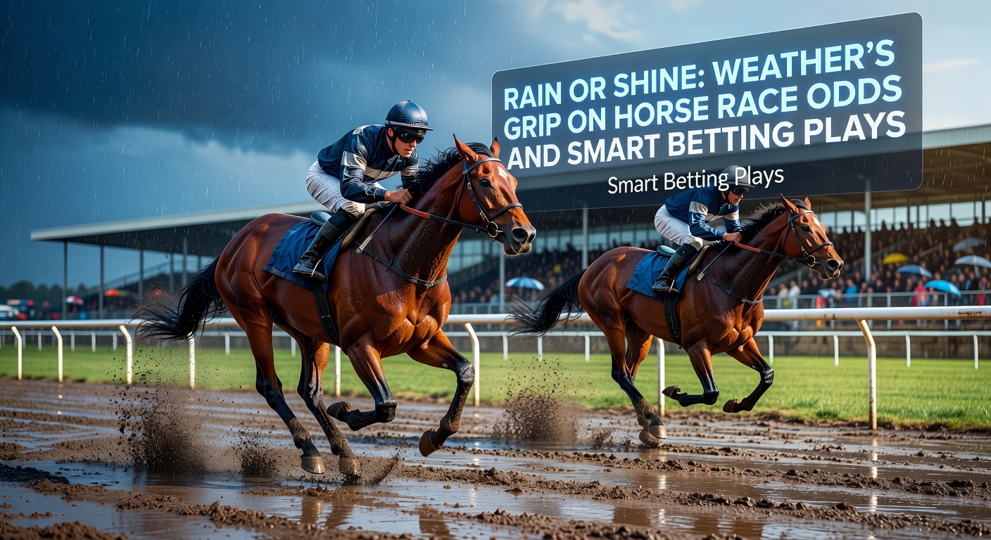 Horses charging through a muddy track under heavy rain, highlighting weather's dramatic impact on racing conditions