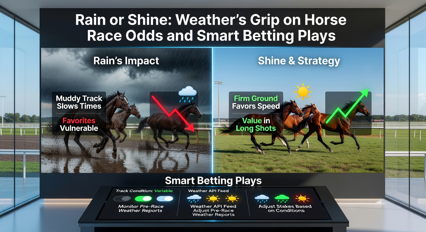 Bookmakers adjusting odds boards amid stormy skies at a major horse racing event, capturing the real-time frenzy
