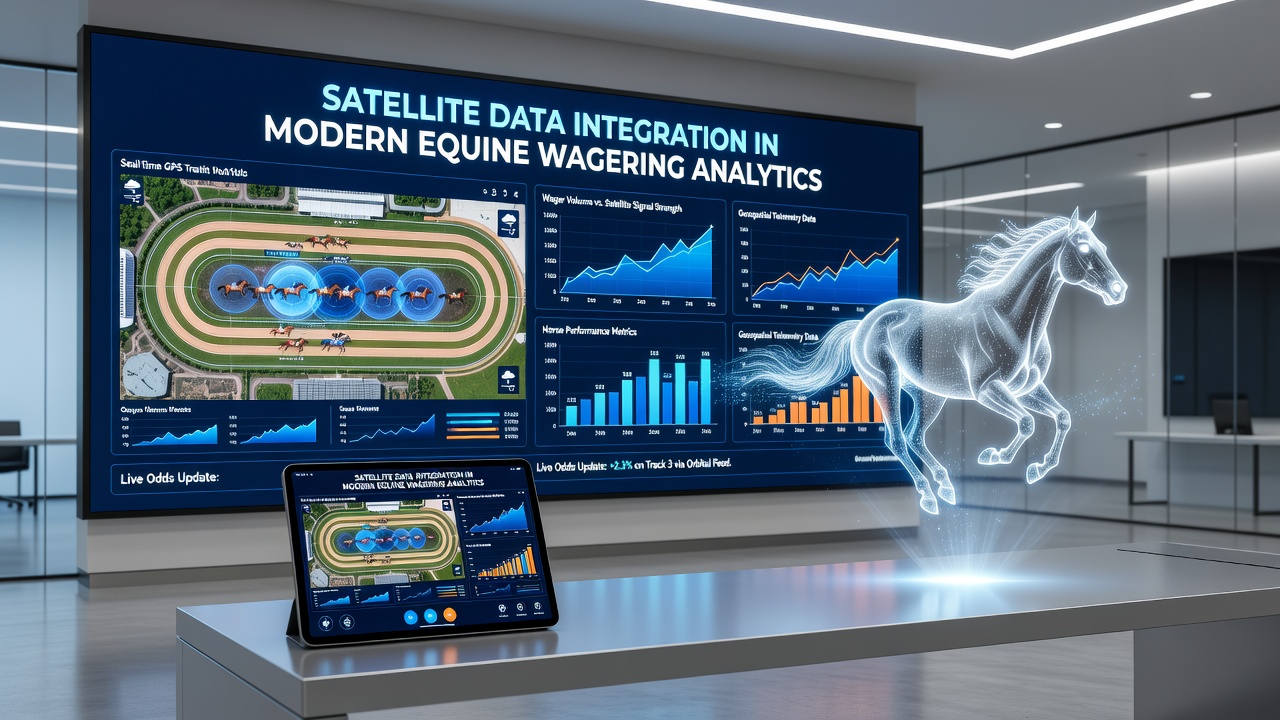 Satellite imagery capturing terrain and weather patterns over a major racetrack for equine wagering analysis