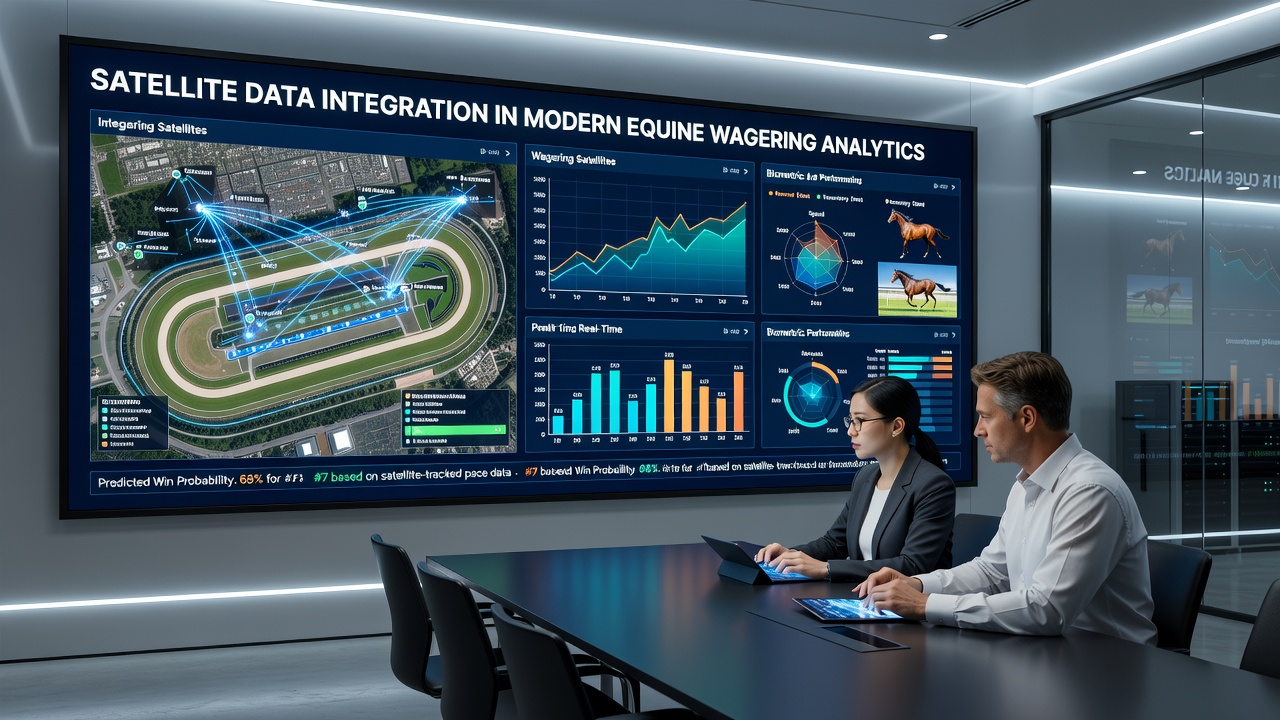 Analyst reviewing satellite overlays and equine performance metrics on multiple screens in a data center