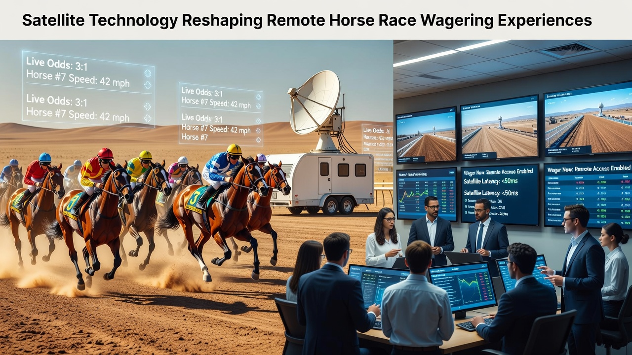 Satellite dish receiving live horse race feeds at a remote betting terminal