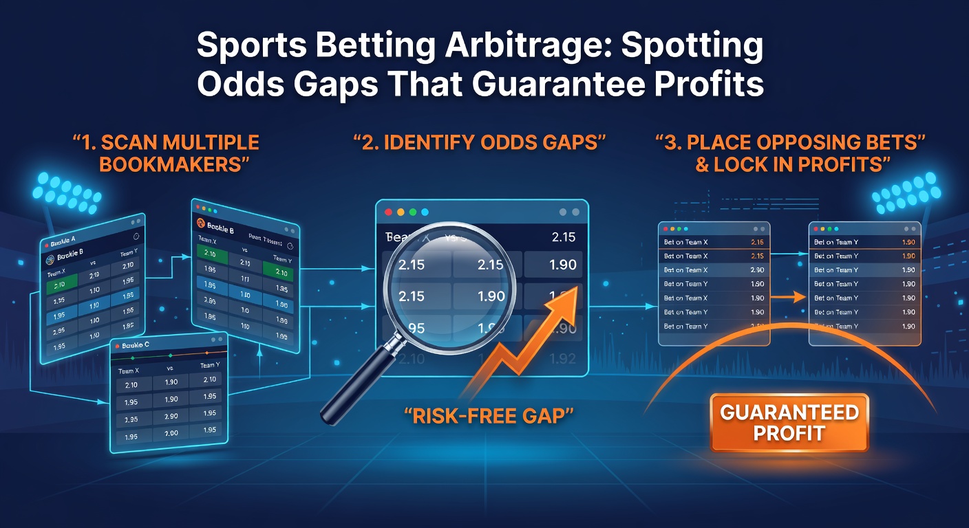 Screenshot of arbitrage betting software displaying a live opportunity on an NBA game with odds from three bookmakers and calculated profit percentage