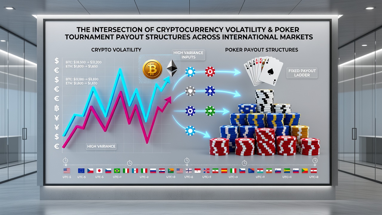 International poker players reviewing payout structures on digital screens with cryptocurrency market data visible in background