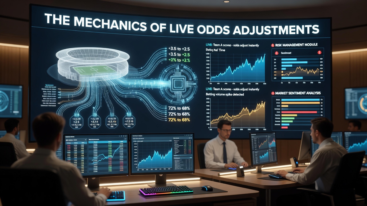 Live odds adjustment dashboard showing real-time data feeds and algorithm outputs during a major soccer match