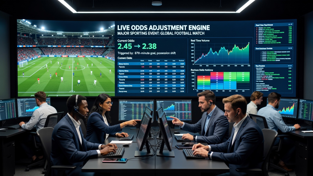 Traders monitoring multiple screens with live sports feeds and odds boards during peak betting periods