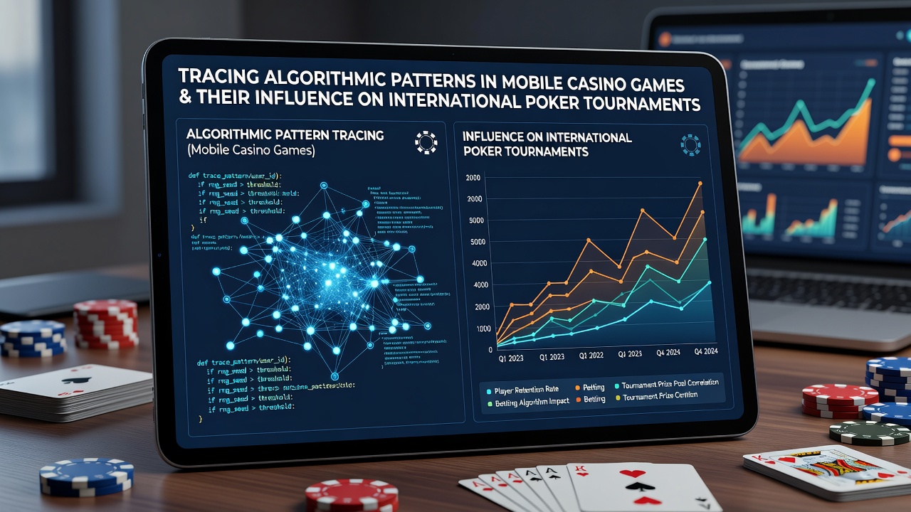 Data visualization dashboard showing overlapping algorithmic patterns between mobile casino sessions and poker tournament player metrics