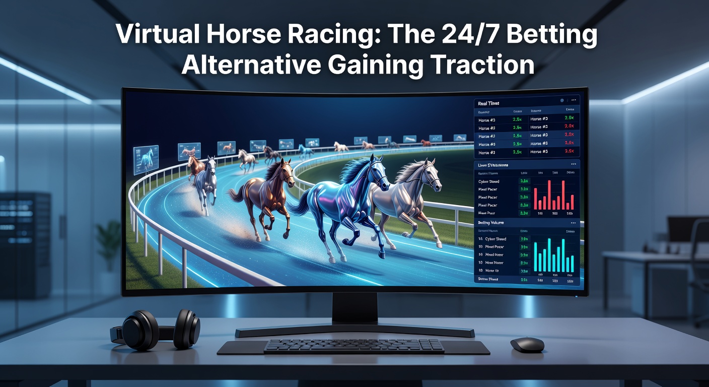 Dynamic simulation of virtual horses thundering down a digital racetrack, with vibrant colors and cheering crowd graphics in the background