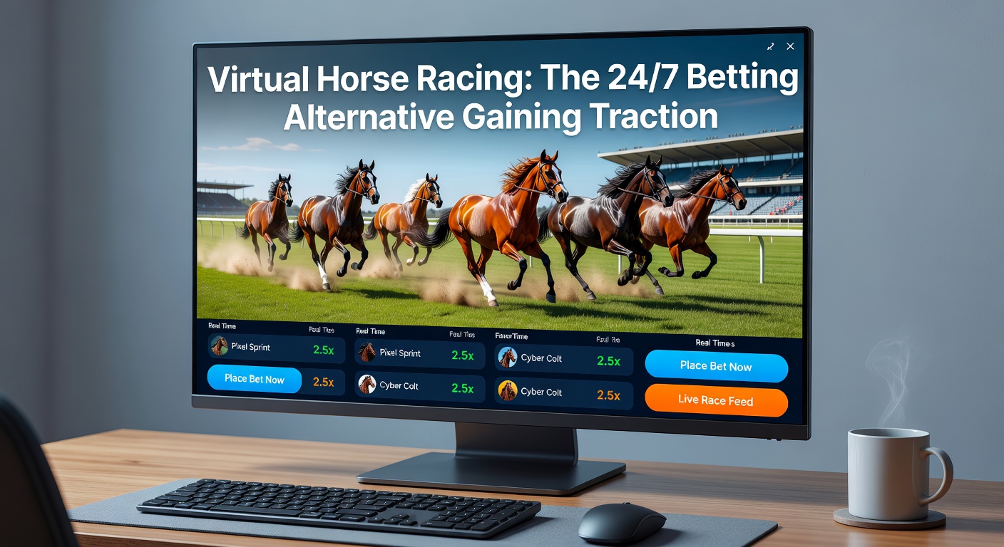 Close-up of a betting interface displaying virtual horse racing odds, selections, and live race timer with animated horses positioned at the starting gate